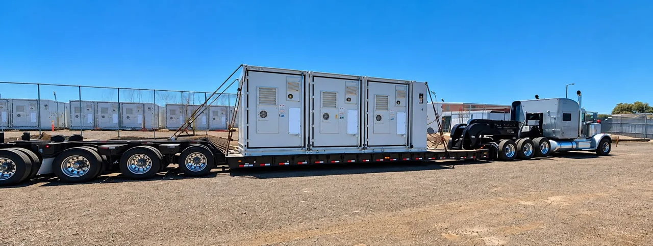Green Way truck and lowboy trailer carrying a secured load