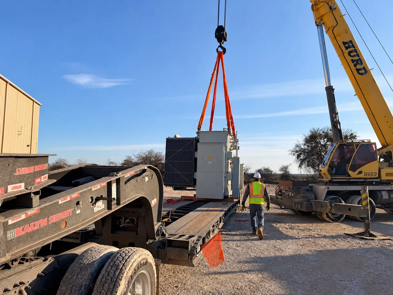 Crane lifting a transformer onto a lowboy trailer with workers guiding the load